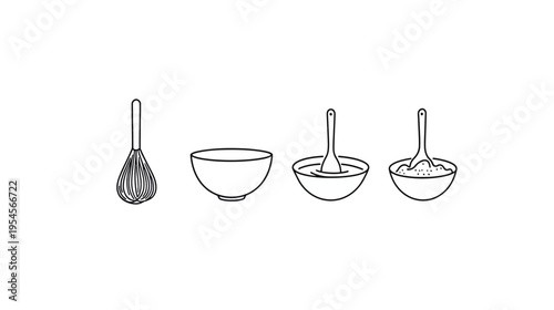 A white background with a whisk and three bowls; one empty, the others contain liquids