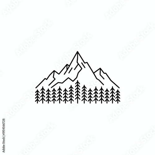 Minimalist outline of a majestic mountain range with a dense forest of pine trees in the foreground, evoking a sense of adventure and nature's beauty