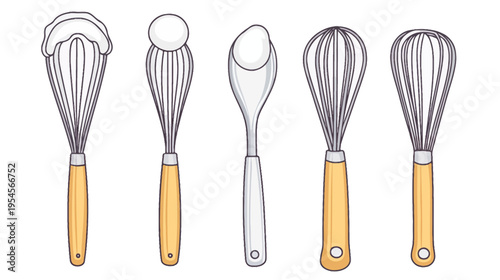 Illustration of kitchen tools including a spoon and whisks with wooden handles