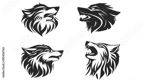 Four black and white stylized illustrations of wolf faces in different poses, showcasing emotion