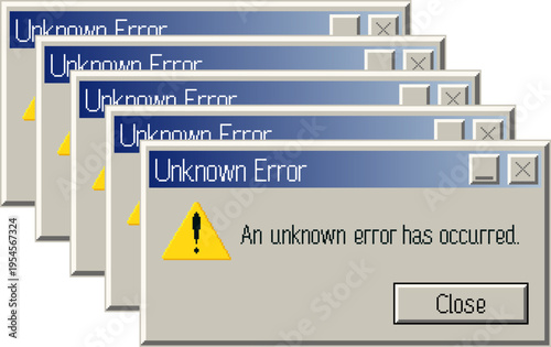Multiple duplicate unknown error popup windows stacked in a cascade. Retro pixel style computer UI glitch or overload concept. Vector illustration.