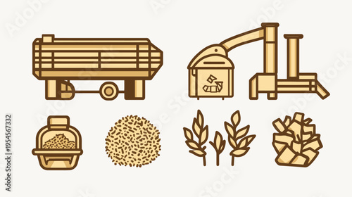 A stylized illustration featuring farming icons, including a trailer, machinery, and various crops