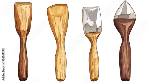 Stylized digital illustrations of four wooden sculpting tools with various chisel heads and handles
