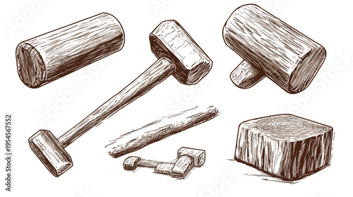 Hand-drawn illustrations of wooden mallets and wood pieces arranged on a white backdrop