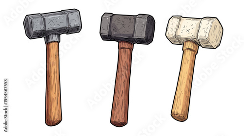 Three illustrated sledgehammers with wooden handles, each with a different color metal head