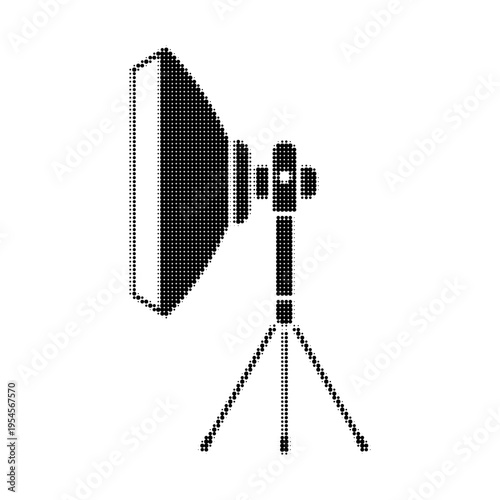 Halftone illustration of studio softbox light on tripod. Black and white dotted photography equipment isolated on white background.