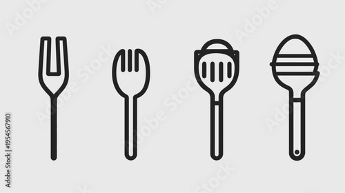 Four black outlined kitchen utensils (fork, spoon, slotted spoon, and egg-shaped tool) on gray background