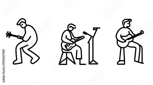 A minimalistic black and white illustration of three figures playing musical instruments