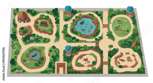 Isometric zoo map vector illustration, wildlife park layout with animal enclosures and walking paths, safari park bird's eye view infographic isolated PNG with Transparent Background