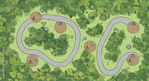 Top view forest campsite map vector, aerial woodland campground with tents and winding road, green forest landscape for game design isolated PNG with Transparent Background