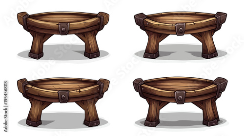 Four cartoon-style wooden tables with rounded tops, metal accents, and a shadow on a white background