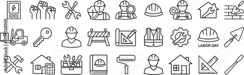 construction icon set, labor symbol pack, worker vector,  black line safety icons, engineering tool,  labor day icons, minimal construction,  mechanical gear icons, drafting tool icons 