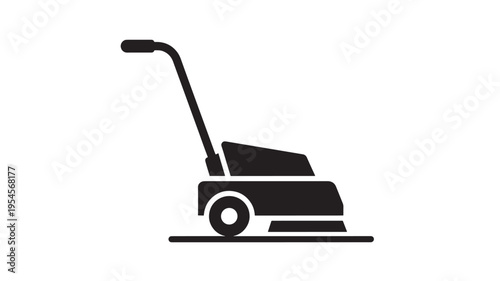 Floor scrubber machine icon with one wheel and a handle on a white background. featuring industrial cleaner, janitorial equipment, housekeeping with