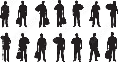 Silhouettes of men with various luggage poses and styles