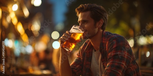 Young man enjoying a cold beer in a lively outdoor bar setting during an evening with soft bokeh lights in the background enhancing the ambiance