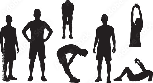 Silhouettes of people exercising in various poses and stretches