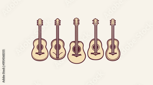 Illustration of five acoustic guitars in a row, with a light background and a vintage style