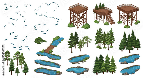 Isometric forest landscape kit with wooden watchtowers, pine trees and blue lakes. National park map creator vector set. Wilderness environment elements. isolated PNG with Transparent Background