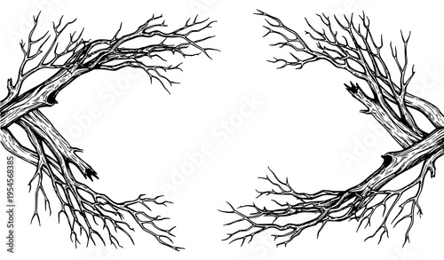 Realistic Eerie Dead Tree Frame with Asymmetrical Branch Border in Detailed Line Art Vector Illustration