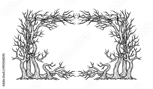 Eerie Dead Tree Frame Line Drawing with Leafless Branch Border and Spooky Forest Vector Illustration