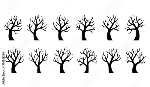 Abstract Bare Tree Silhouettes Collection with Minimal Leafless Branch Shapes in Modern Vector Design