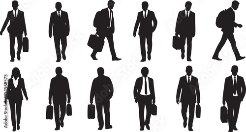 Silhouettes of business professionals walking with briefcases and bags