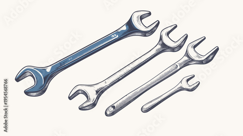 Illustration of several open-ended wrenches with varying sizes, against a white backdrop