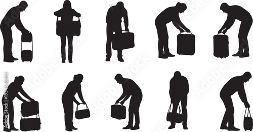 Silhouettes of people carrying luggage in various poses and actions