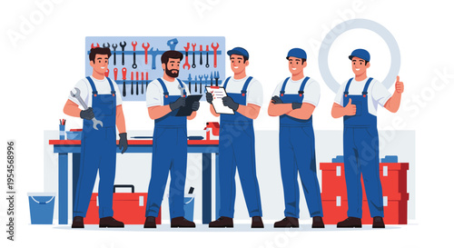 Group of five professional auto mechanics in blue overalls standing in a workshop with tools and diagnostic equipment ready for work.