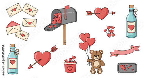 Extensive collection of valentines day symbols including letters, mailbox full of hearts, teddy bear, romantic bottles, and cupid arrows.