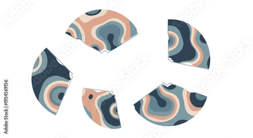 Set of abstract organic shapes with wavy lines and concentric circles in muted blue and peach colors resembling topographic map contours.