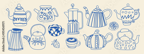 Hand drawn ceramic teapots collection in blue line style. Cute mediterranean patterned teapots set for cafe branding, kitchen decor, menu design, packaging and cozy lifestyle graphics