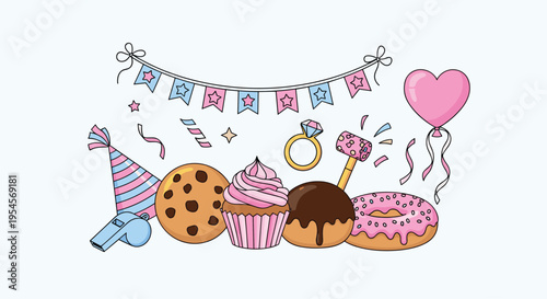 Collection of celebration elements featuring party hat, heart balloon, donut, cookie, cupcake, and colorful festive bunting on blue background.
