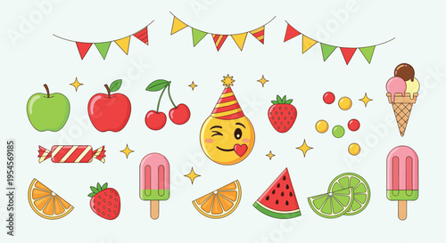 Variety of sweet treats and healthy fruits including watermelon, ice cream, cherries, and strawberry arranged with festive emoji and bunting.