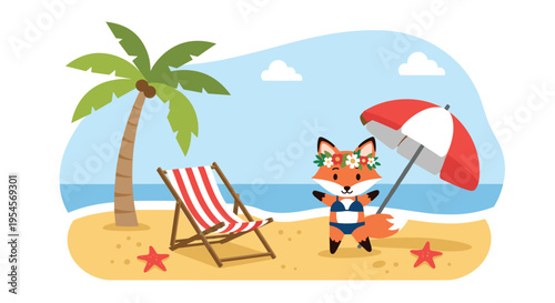Cute cartoon fox wearing bikini and flower crown enjoying summer vacation on sandy beach with palm tree, umbrella, and lounge chair.