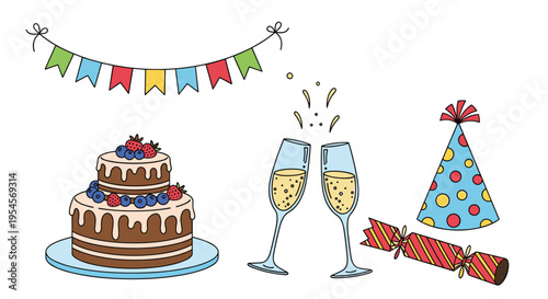 Celebration party elements including two tier chocolate cake with berries, champagne glasses, festive hat, cracker, and colorful flag bunting.