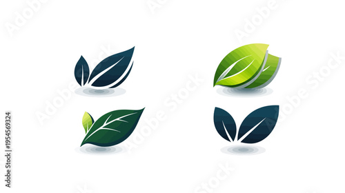 Four stylized depictions of leaves with gradient shading and soft shadows on a white backdrop