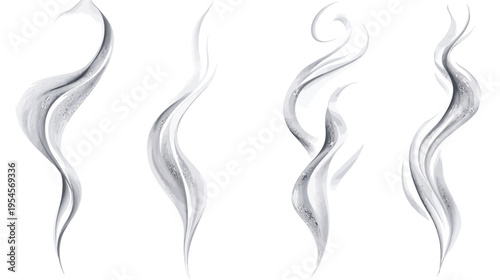 Watercolor painted plumes, swirling and ethereal, in shades of gray, resembling wisps of smoke