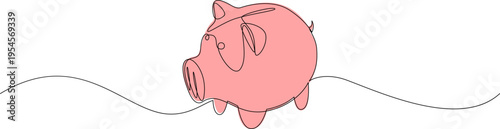 Continuous one line drawing of pink piggy bank. Minimal style simple vector illustration of financial, savings concept.