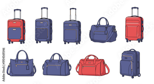 Large collection of travel luggage and bags including hard shell suitcases on wheels and stylish duffel bags in red and blue colors.