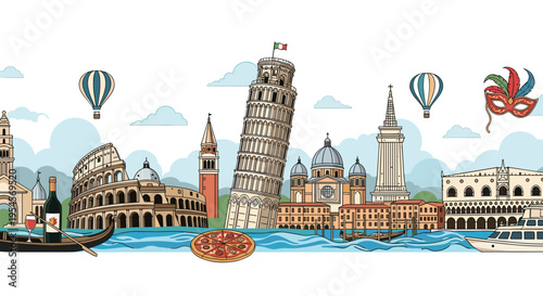 Italy travel collage with famous landmarks including colosseum, leaning tower of pisa, gondola, pizza, and carnival mask on blue water.