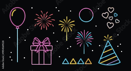Vibrant neon style celebration icons including gift box, party hat, hearts, fireworks, and balloon glowing against a black background.