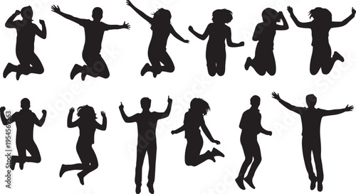 Silhouettes of people jumping in various joyful happy poses