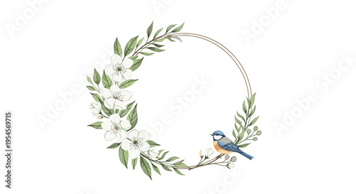 Beautiful floral wreath with delicate white blossoms and green leaves featuring a small blue bird perched on a branch at the bottom.