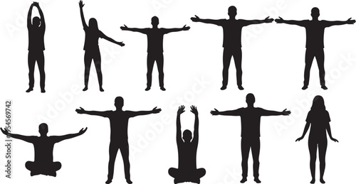Silhouettes of people in various yoga poses and stretches