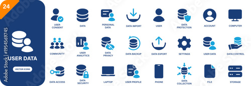User data icon collection featuring data import, data export, security, user consent and user analytics symbols. Solid vector icons.