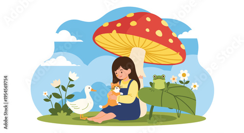 Whimsical illustration of a young girl sitting under a giant red spotted mushroom with her pet cat, a duck, and a frog in a lush garden setting.