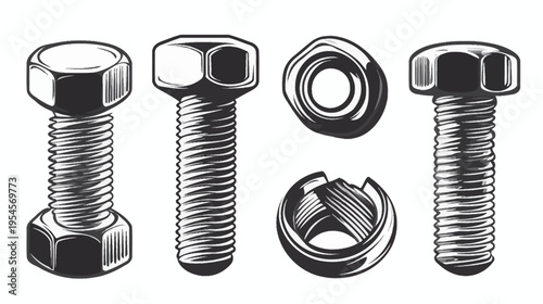 Black and white illustration of various machine fasteners. Screws, nuts, and washers on white