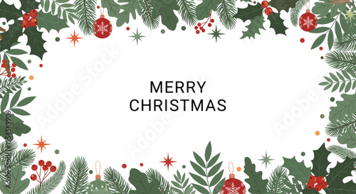 Festive Christmas frame made of evergreen pine branches, red holly berries, stars, and red holiday ornaments surrounding central Merry Christmas text.