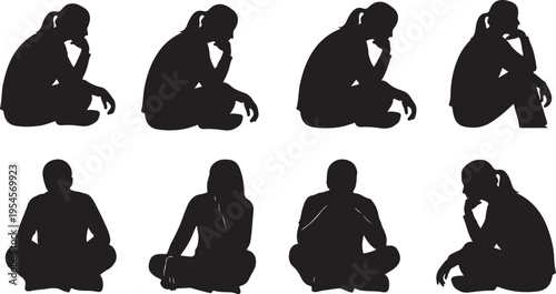 Silhouettes of people sitting in various contemplative poses together